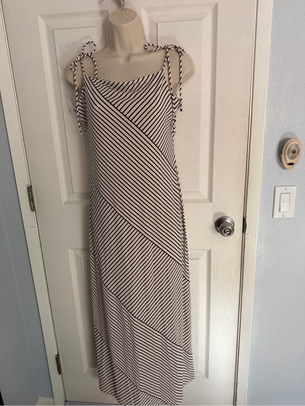 H&M Black & Cream Striped Tie-Shoulder Maxi Dress